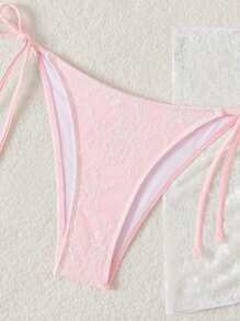 Swim Mod 3 件套女士夏季度假海滩花卉蕾丝吊带性感比基尼泳装套装带罩衫裙 - 粉色 - 查看 4