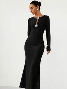 SHEIN Privé Shiny Sheer Metallic Silver Thread Special Fabric Round Neck Chest Hollow Out Silver Sequins 3D Flower Sexy Elegant Bodycon Fishtail Long Sleeve Dress For Women Fall Cloth For Women - Black - View 4