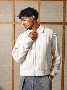 SUMWON Rustic Textured Harrington Jacket With Zip Front Classic Collar Japanese Style Weekend Casual Outerwear Spring Autumn Lightweight Street Style - Beige - View 7