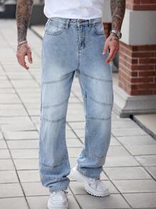 Manfinity Homme Pantalones vaqueros anchos con bolsillos y botones delanteros, de estilo casual y suelto para hombres - Lavado ligero - Ver 5