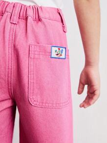 THE HAPPY LOOK Young Girls Loose Fit Embroidered Straight Leg Pink Casual Jeans, Autumn/Winter