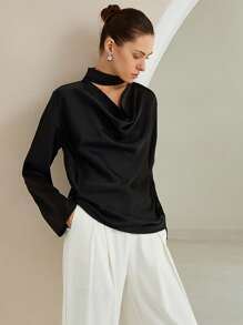 SHEIN Privé 优雅通勤垂坠领镂空设计长袖宽松纹理闪亮女士衬衫 - 黑色 - 查看 5