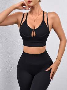 Easithlete 无缝瑜伽健身扭背交叉肩带耐冲击运动胸罩 - 黑色 - 查看 4