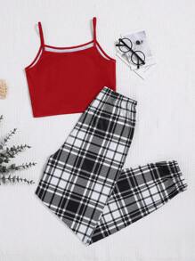 SHEIN Teen Girl Heart Print Camisole And Plaid Pants Pajama Set