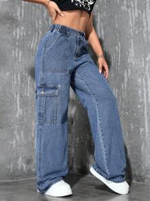 SHEIN PETITE Women's Casual Washed Straight-Leg Cargo Jeans