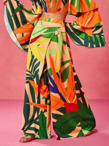 BELANGE HANDMADE Designer Boho Bohemian Multicolor Tropical Floral Print Buttoned Wide-Leg Casual Pants For Spring And Summer Vacation, Festival, Ibiza Fits Resort Pants