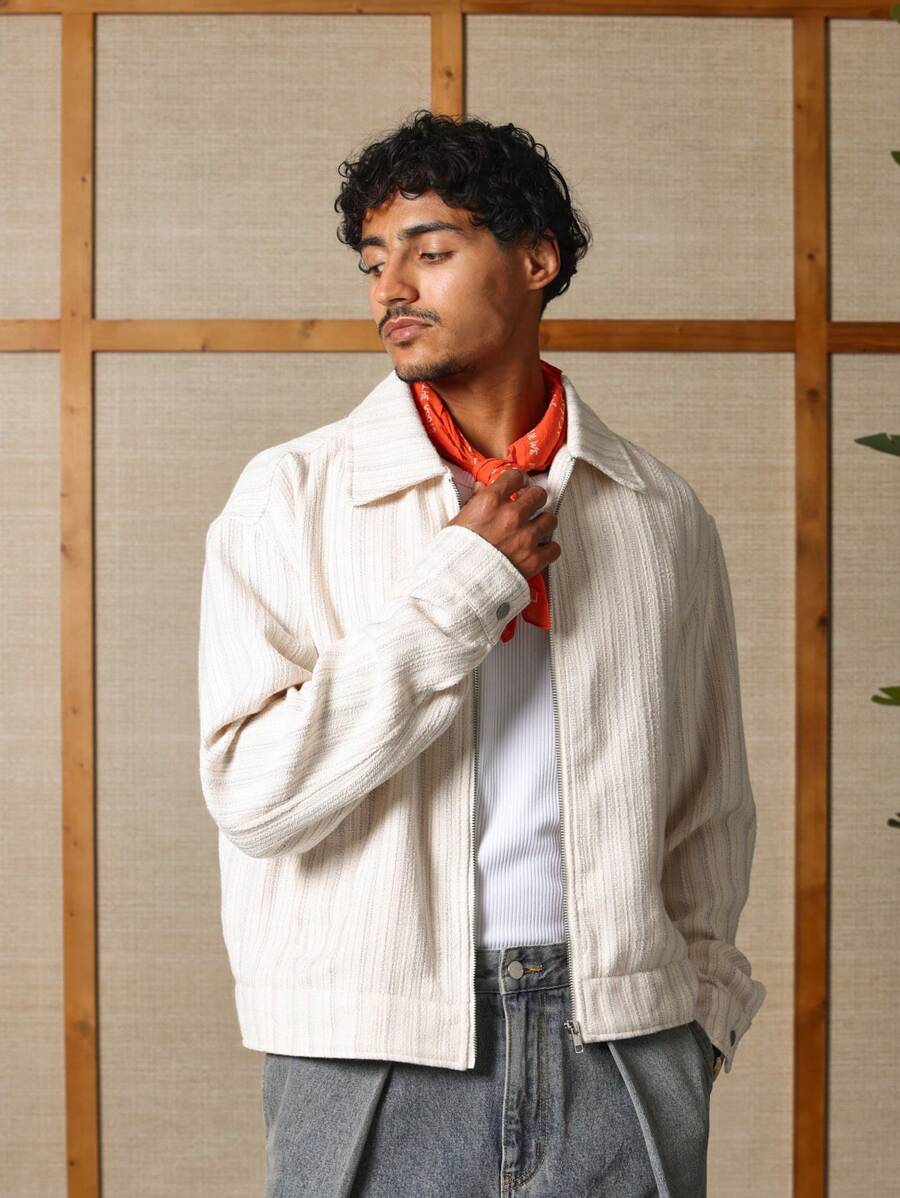 SUMWON Rustic Textured Harrington Jacket With Zip Front Classic Collar Japanese Style Weekend Casual Outerwear Spring Autumn Lightweight Street Style - Beige - View 1