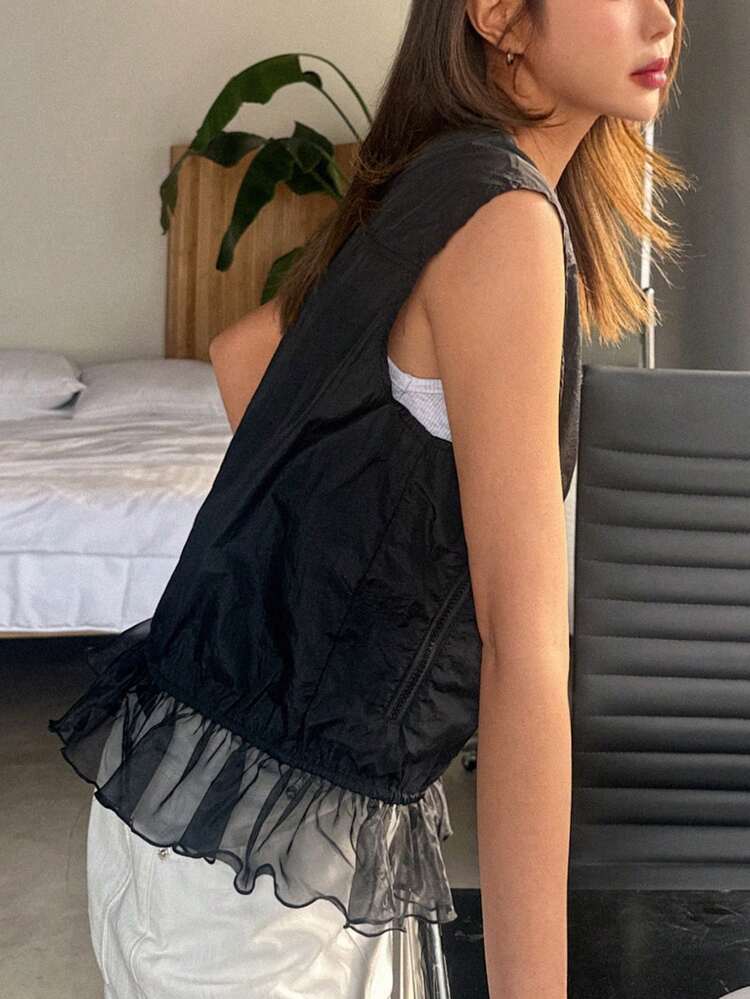Women's Letter Embroidered Sleeveless Open Front Lace Patchwork Jacket Vest