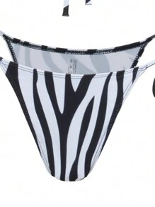 Swim SXY Beach Summer Outfits For Women: Sexy Black & White Zebra Print Halter Backless Triangle Cup Tied Bikini, Cover Up 3-Piece Swimwear Set - Black and White - View 4