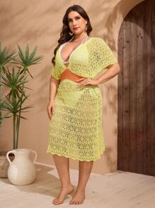 SHEIN Swim Curve 大码女式纯色针织 V 领松紧腰镂空短袖优雅度假夏季中长款罩衫 - 彩色 - 查看 5