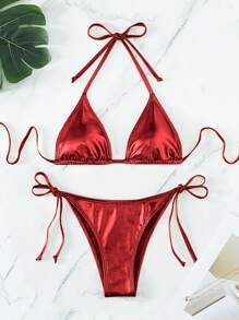 Swim Vcay 女士纯色露背比基尼上衣和系带侧边比基尼泳装套装，夏季海滩度假 - 紅色 - 查看 4