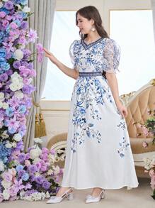 Midi-Kleid mit Blume Muster, V-Ausschnitt und Puffärmeln, tailliertes Kleid für Teenager-Mädchen, für Frühling/Sommer