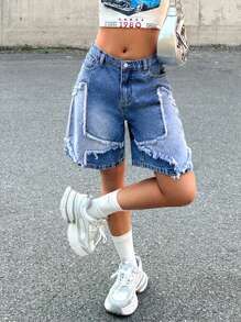 SHEIN Y2K Street Life Teen Girl's Frayed Hem Baggy Denim Shorts With Star-Shaped Patches - Medium Wash - View 5