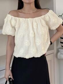 DAZY 女式露肩花卉印花短袖衬衫 - 白色 - 查看 5