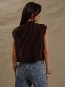 MUSERA Thick Cable Knit Boxy Fit Abstract Button Detail Front Pocket Sleeveless Sweater Vest Spring Cute Spring Y2K 90's Casual Summer Holiday Airport Back To School Winter Everyday Work Office Chic - Brown - View 3