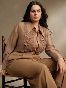 Anewsta 优雅大码女式衬衫，长袖撞色水溶性刺绣宽松衬衫，适合情人节、新年、春季 - 棕色 - 查看 2