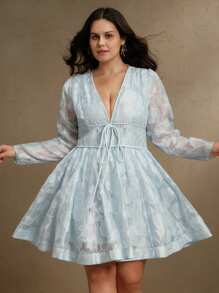 Anewsta 优雅提花镂空系带领口收腰高低下摆连衣裙，节日、外出、度假装，女士春季 - 藍色 - 查看 4