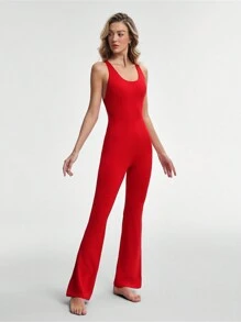 Lifespree Dames effen kleur rugloze mouwloze aansluitende sportjumpsuit