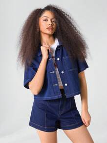 Athîral Cowgirl Women Casual Simple Short Sleeve Denim Jacket Western Wear Women - Navy Blue - View 5