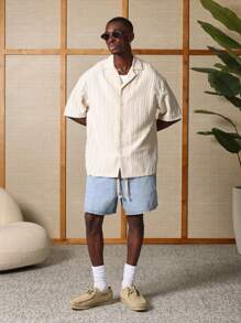 SUMWON Camicia a maniche corte con texture premium, casual con bottoni per resort, spiaggia, estate, adatta per il lavoro e il tempo libero, con collo alla coreana, perfetta per vacanze ed ufficio - Cachi - Visualizzare 6