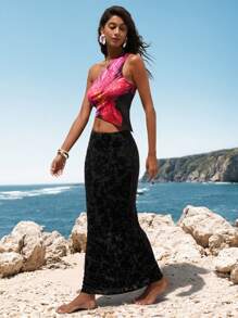 Opulessa Blusa de punto con estampado floral, bajo asimétrico y calado, sexy para vacaciones, fiestas en la playa y primavera-verano - Multicolor - Ver 5