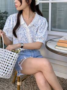 DAZY Women's Lace Patchwork Peter Pan Collar Flutter Sleeve Chiffon Ditsy Floral Short Sleeved Blouse Summer Shirt Unique Design Top - Baby Blue - View 1