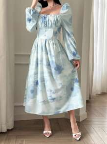 DAZY Square Neck Floral Print Waist Belt Midi Dress For Women,Dress For Wedding,Fall Dress Long Sleeve Dress - Blue - View 8