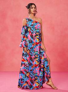 JIAN LASALA Vrouwen Multicolor Maxi-jurken Boho Asymmetrische Hals Lange Mouw Tropisch, All-over Print Asymmetrisch, Volant, Split Dij Zomeroutfits voor Vrouwen Zomerjurk Vrouwen Vakantie-outfits Uitgaan, Strandoutfits voor Vrouwen