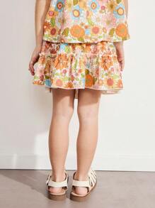 SHEIN 少女款弹力腰黄色碎花荷叶边A字迷你裙，度假自然风 - 黃色 - 查看 2
