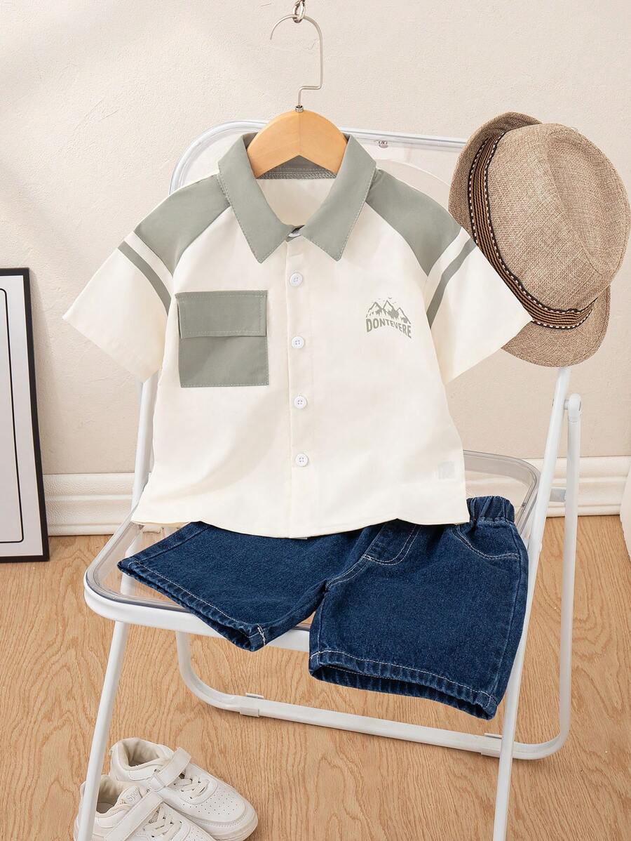 年轻男孩日式短袖格子拼接衬衫和休闲牛仔短裤 2 件套夏季服装 - 彩色 - 查看 1
