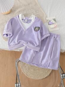 SHEIN 年轻女孩两件套学院风套装：T恤衫+休闲裙，夏季新品 - 紫色 - 查看 1