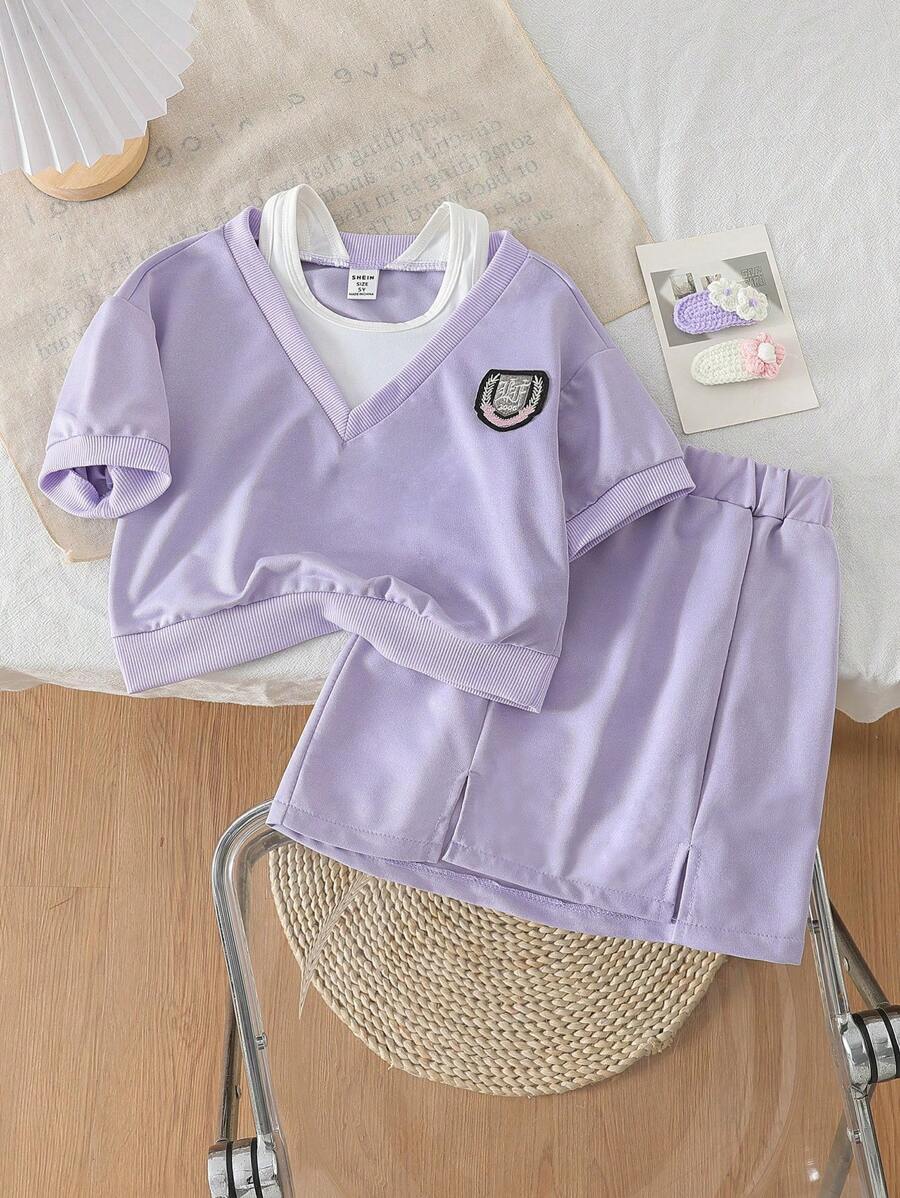 SHEIN 年轻女孩两件套学院风套装：T恤衫+休闲裙，夏季新品 - 紫色 - 查看 1