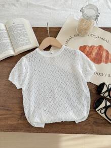 Blossori Young Girls Polka Dot & Striped White Knit Loose Fit Crew Neck Sweater Vest, Autumn/Winter