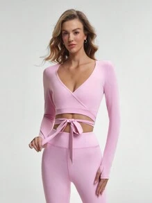 SHEIN Sports 女士纯色抽绳短款运动 T 恤，简约 - 粉色 - 查看 4