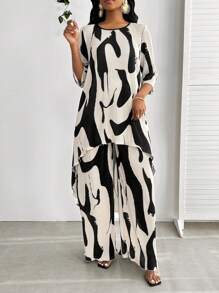 SHEIN Lady Spring Summer Casual Vacation Holiday Everyday Elegant Black And White Pattern Pleated Fabrics Vacation Outfits Woman Women Two-Piece Outfits Women Two Piece Set