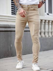 Manfinity Homme Men's Slim Fit Khaki Zip-Up Skinny Jeans - Khaki - View 5