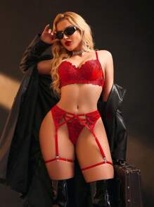SHEIN 5pcs Set Red Embroidery Underwire Sexy Women Lingerie Set - Red - View 5