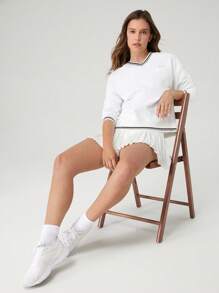GLOWMODE Everyday Fleece Tennis V Neck Ribbed Neckline Cuffs Side Slits Sweatshirt Daily Casual - White - View 7