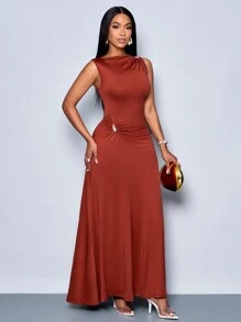 SOLERSUN Women's Fashionable Elegant Asymmetric Neckline Ruched Side Long Dress - Brown - View 6