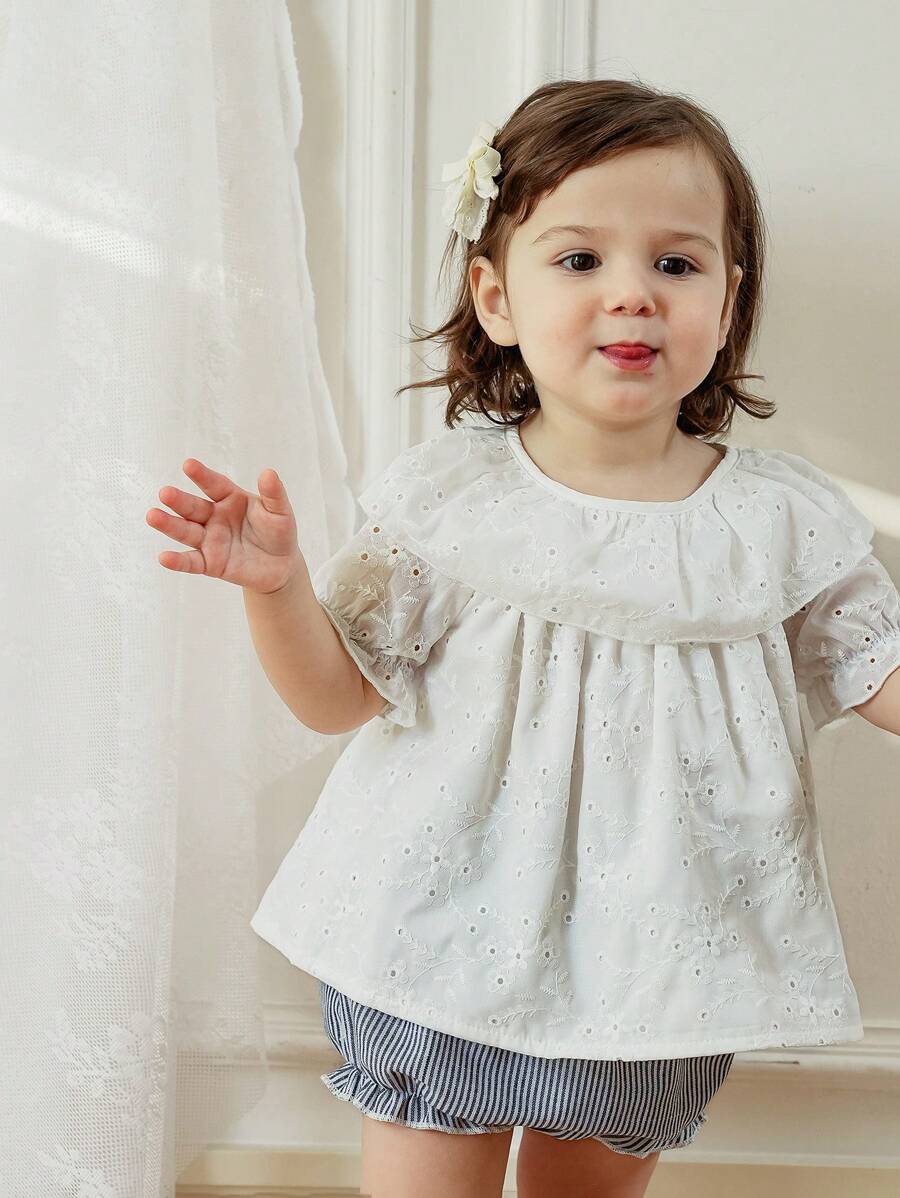 SHEIN Leichte weiße Rüschenbluse mit Kurzarm für Kleinkind Mädchen, sommergeeignet