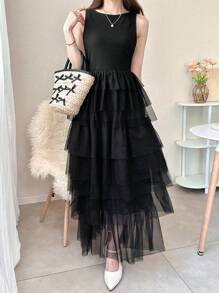 FRIFUL Vestido negro largo y entallado de malla con silueta A, vestido de fiesta, vestido de invitada para bodas, conjunto formal de vacaciones para mujer, vestido de verano elegante