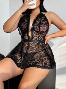 Vestido de lingerie sexy plus size clássico com renda e tanga, 2 peças
