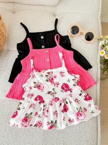 SHEIN LMoss Kids 3er Set süßer Baby Mädchen Floral Strick Volant Träger Top, vielseitiger Sommer Outfit