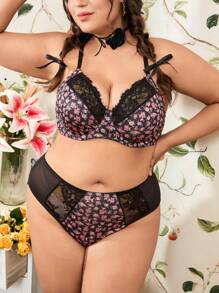 Rose Floral Rustic Romantic Digital Printing Patchwork High Waist Enveloping Panty + Padded Wire-Free Bra 2pcs Lingerie Set, Comfortable, Lift, Plus Size - Black - View 4