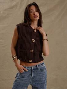 MUSERA Thick Cable Knit Boxy Fit Abstract Button Detail Front Pocket Sleeveless Sweater Vest Spring Cute Spring Y2K 90's Casual Summer Holiday Airport Back To School Winter Everyday Work Office Chic - Brown - View 1