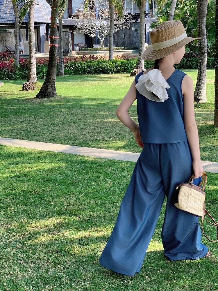 2pcs/Set Tween Girl Round Neck Sleeveless Minimalist Top And Long Pants