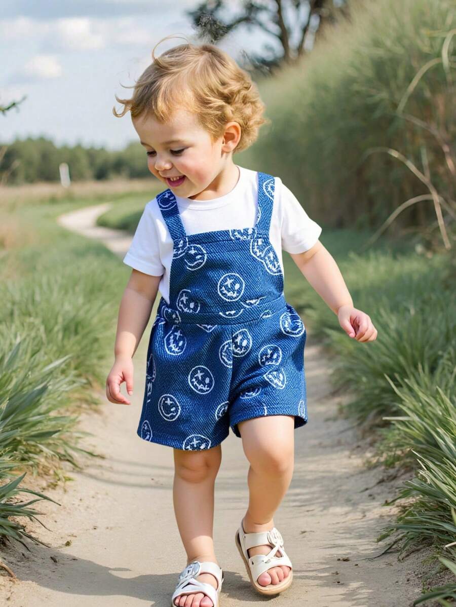 SHEIN 男婴笑脸图案工装裤和短裤，休闲百搭