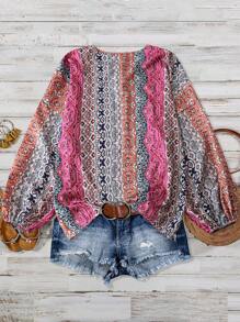 Breezaya Blusa de talla grande con estampado floral bohemio y lazo con flecos adelante