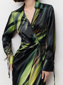 BizChic Green Gradient Stripe Print Long Sleeve Commuter Dress For Women, Spring And Summer