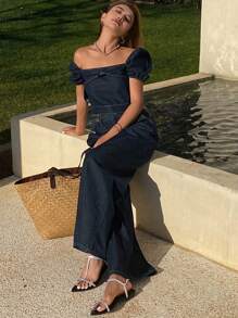 DAZY 女式方领短袖蝴蝶结衬衫和牛仔裤两件套 - 深色水洗藍 - 查看 3